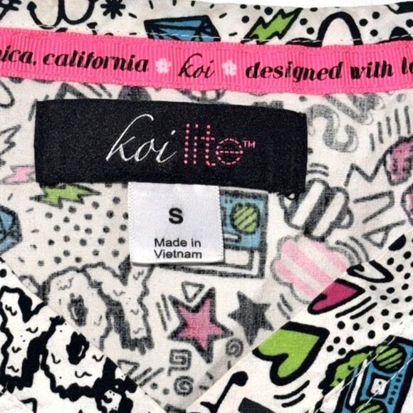 Koi Lite Womens Scrub Top S White Pink Fun Print Short Sleeves Zipper Pockets - Picture 2 of 8